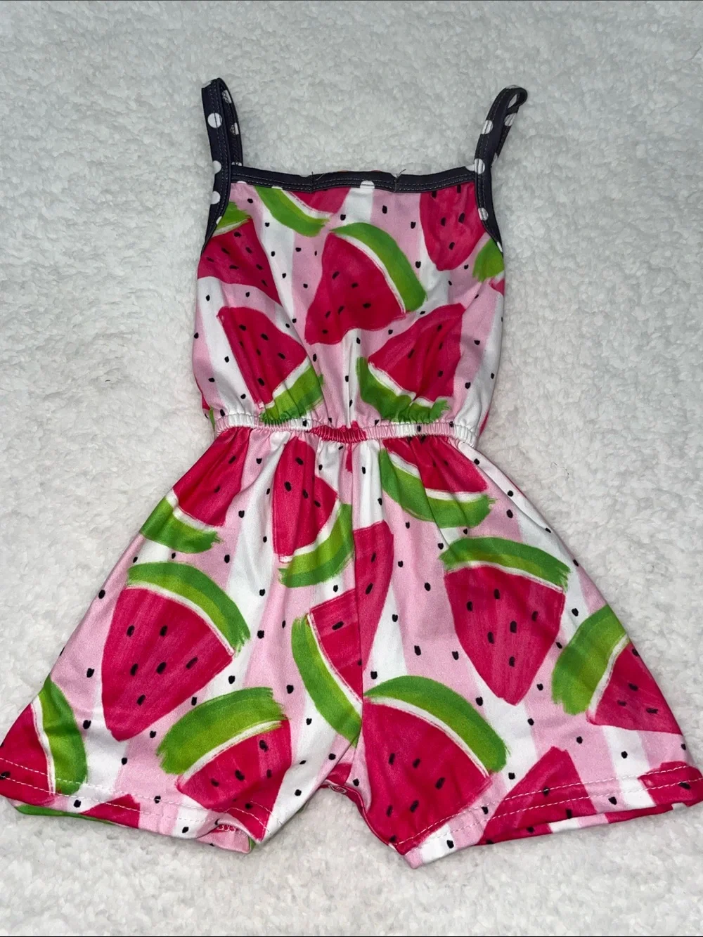 Pink Watermelon Print Romper with Polka Dot Trim